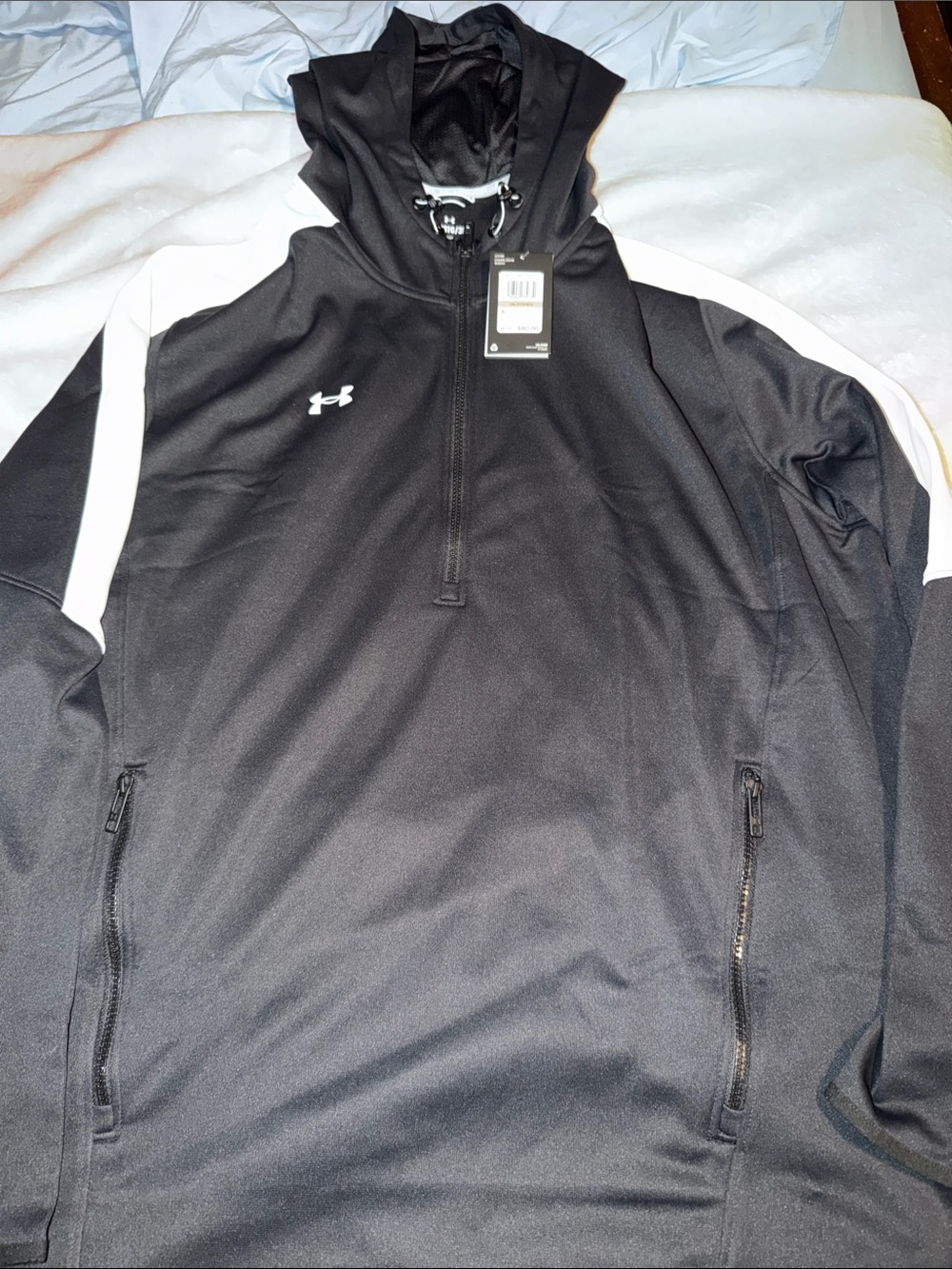 Under Armour Men’s Black Hooded Quarter-Zip Jacket with White Accents